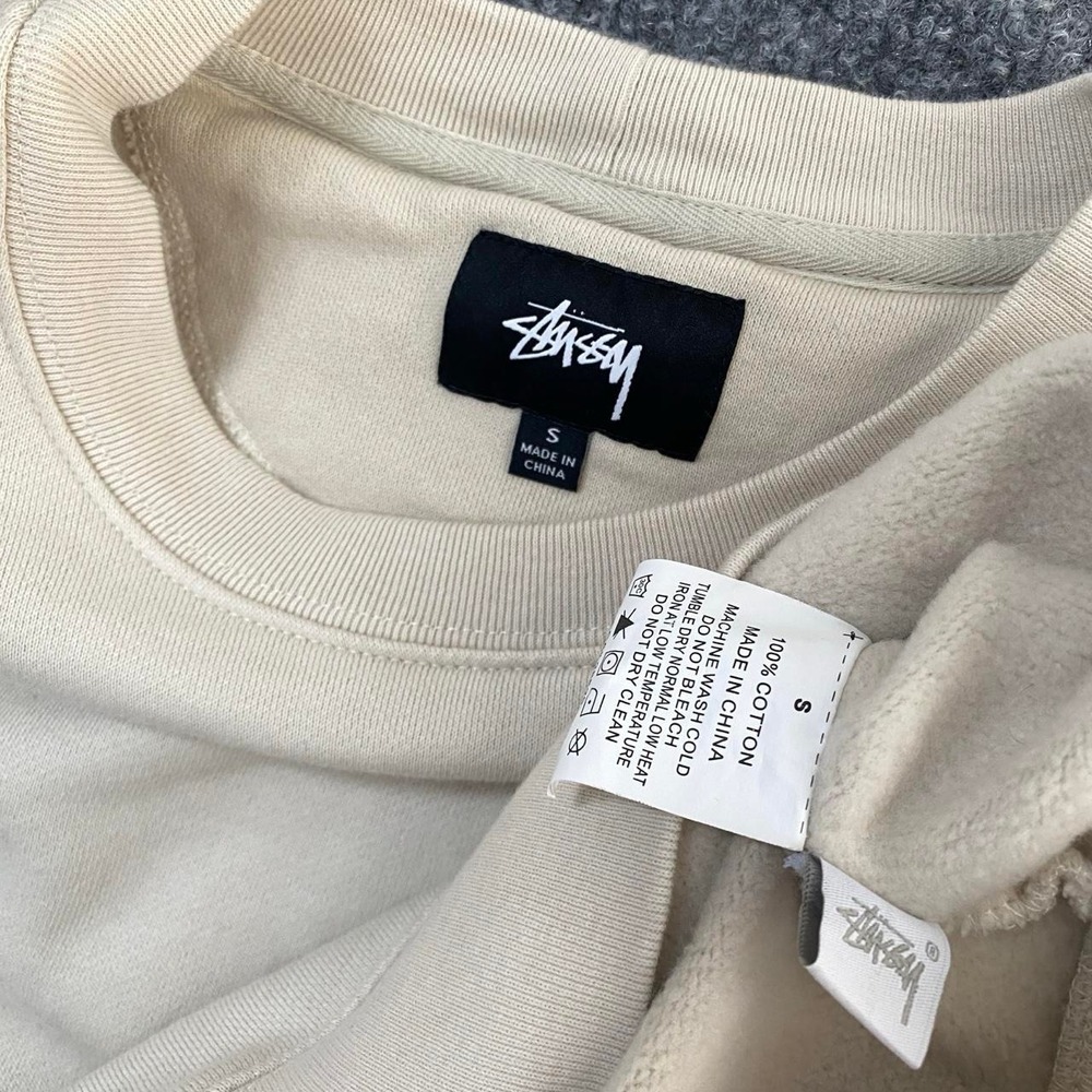 STÜSSY CREAM FRONT POCKETS CREWNECK PULLOVER SWEATSHIRT STREETWEAR SKATE CASUAL - Picture 5 of 8